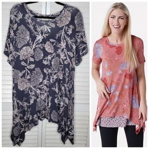 LOGO Floral Printed Jersey Knit Short Sleeve Sharkbite Top PLUS 2X EUC A302440